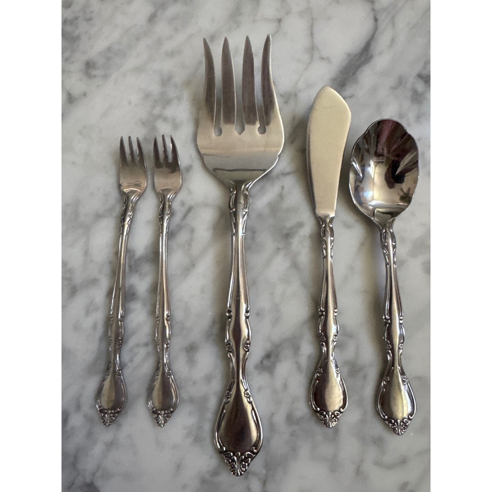 Towle Winter Rose Stainless Flatware 5pc Serving Set Meat Fork Butter Sugar Set